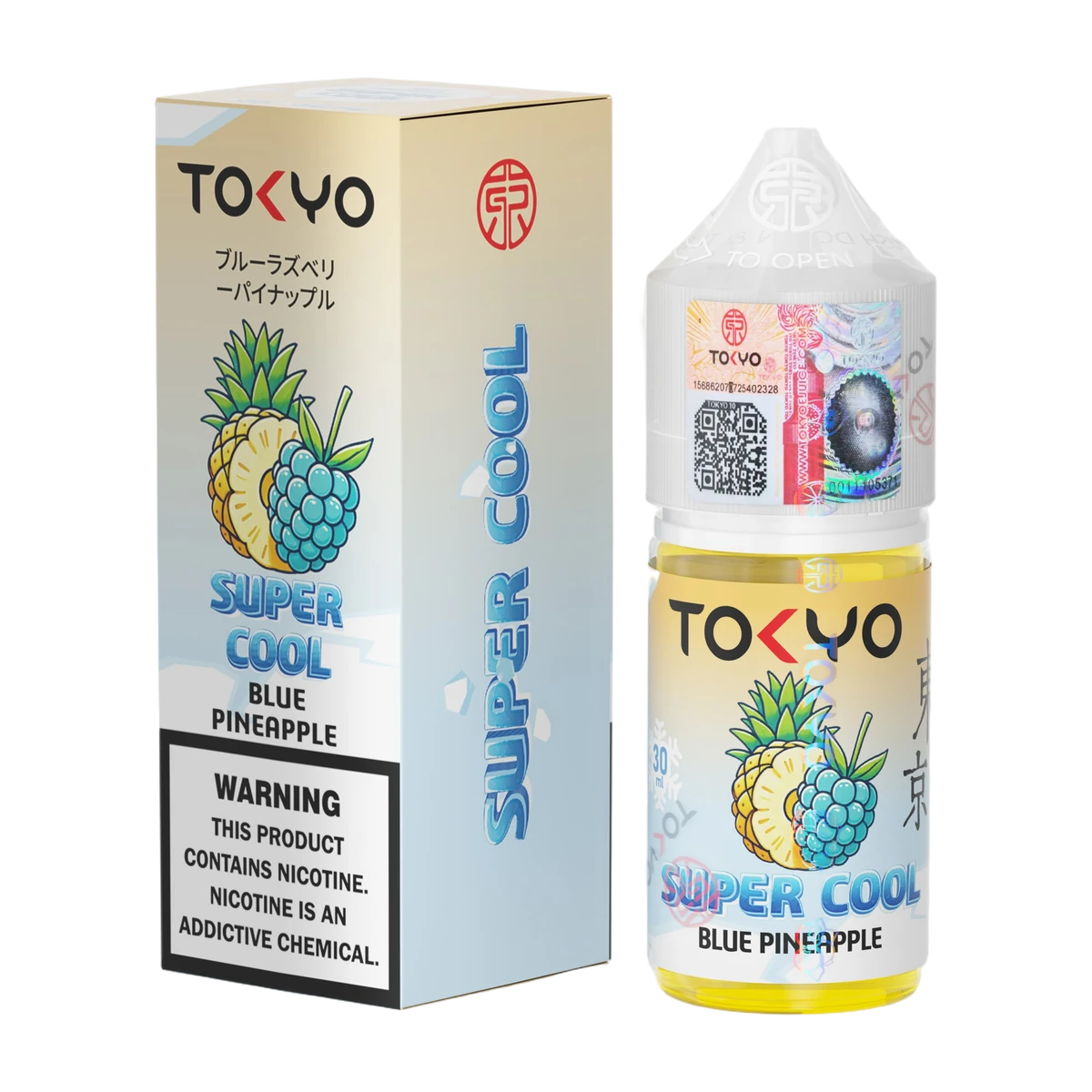 Tokyo Super Cool Blue Pineapple 30ml nicotine salt e-liquid bottle